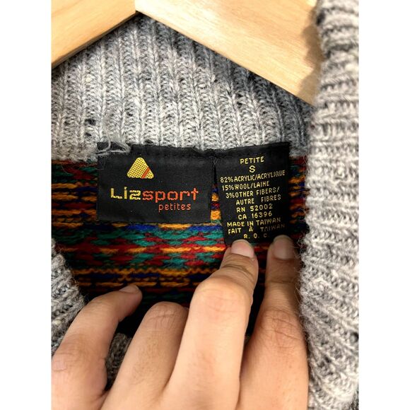 Vintage Liz Sport Wool Blend Multicolor Geometric Intarsia Sweater Small Petite - Picture 3 of 4